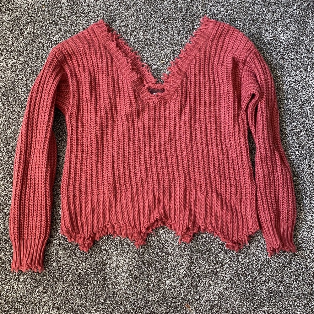 V-neck Frayed Sweater